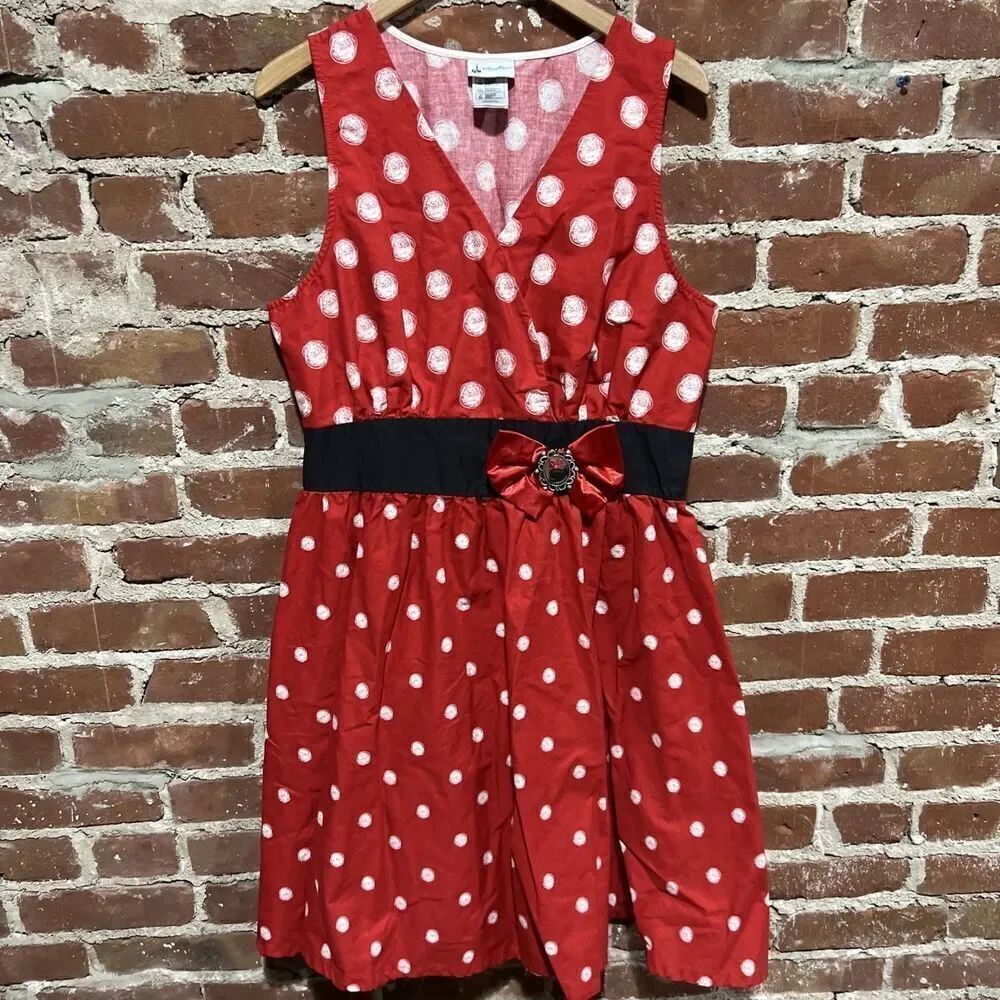 Disney Parks V Neck Poka Dot Bow Minnie Mouse Dress Womens XL Red